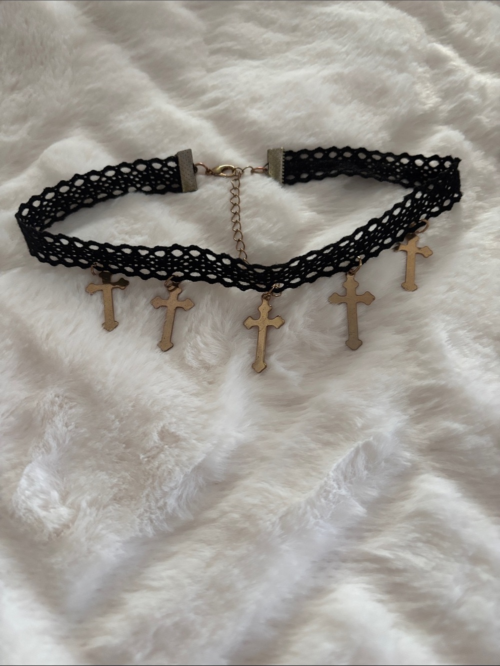 Black Lace Cross Charm Choker Necklace - Gold Crosses